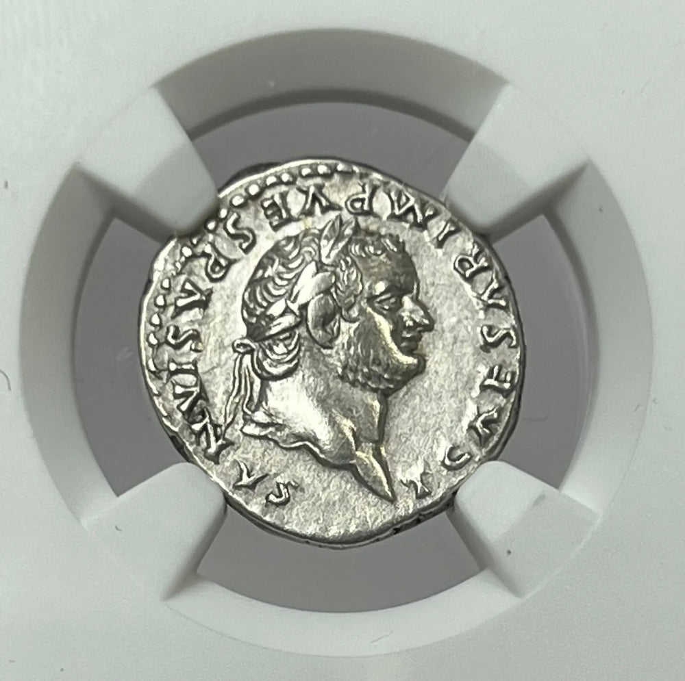 Roman Empire Titus 79-81 AD, Silver Denarius NGC XF Attractive and Flashy