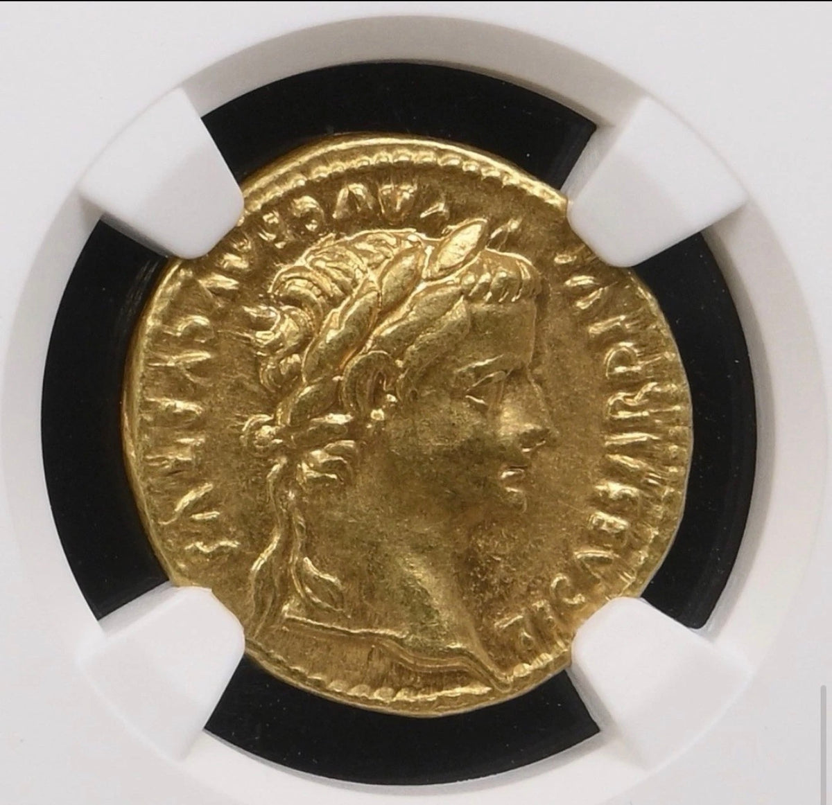 Tiberius AD 14-37 Gold Aureus NGC XF Tribute Penny In Gold Twelve