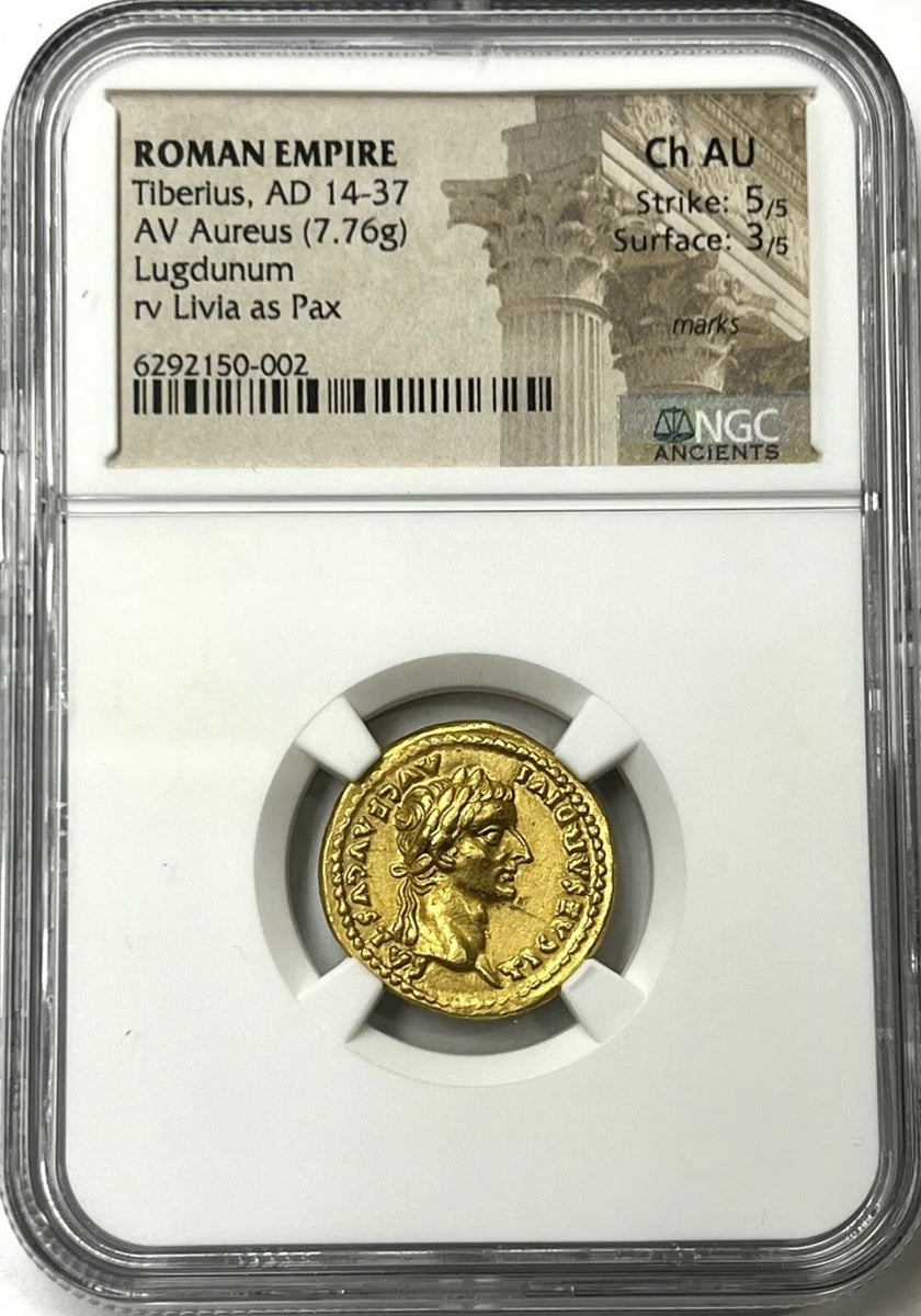 Tiberius AD 14-37 Gold Aureus NGC CHAU Tribute Penny In Gold