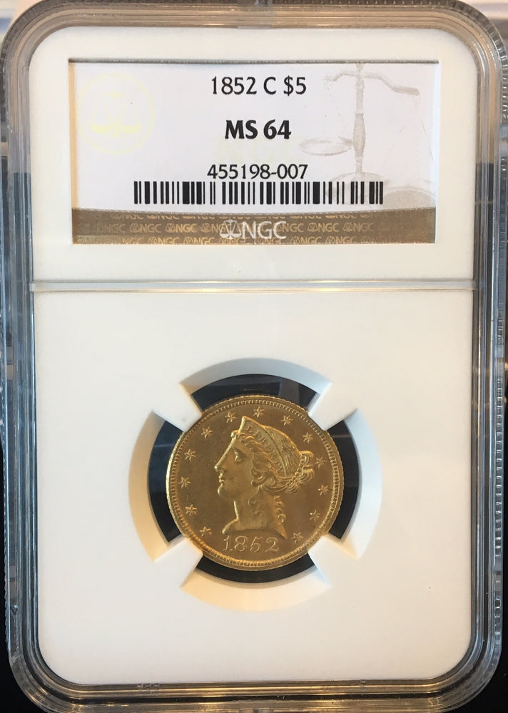 1852-C $5 Liberty NGC MS 64 high grade Charlotte mint