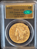 1856-S $20 Lib PCGS AU50 CAC SS Central America w Original Packaging