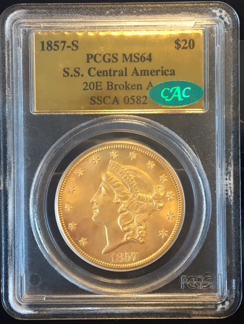 1857-S $20 Liberty PCGS MS64 CAC SS Central America