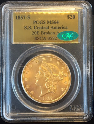 1857-S $20 Liberty PCGS MS64 CAC SS Central America