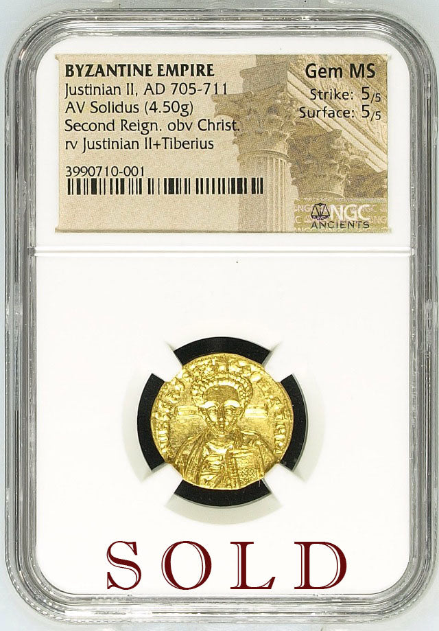 Byzantine Empire, Justinian II Gold Solidus (Second Reign) NGC Gem