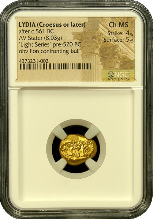 Croesus Lion and Bull "Light Series" Gold Stater NGC CHMS 4x5