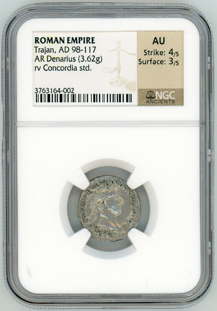 Roman Empire Trajan AR Denarius NGC AU 4x3