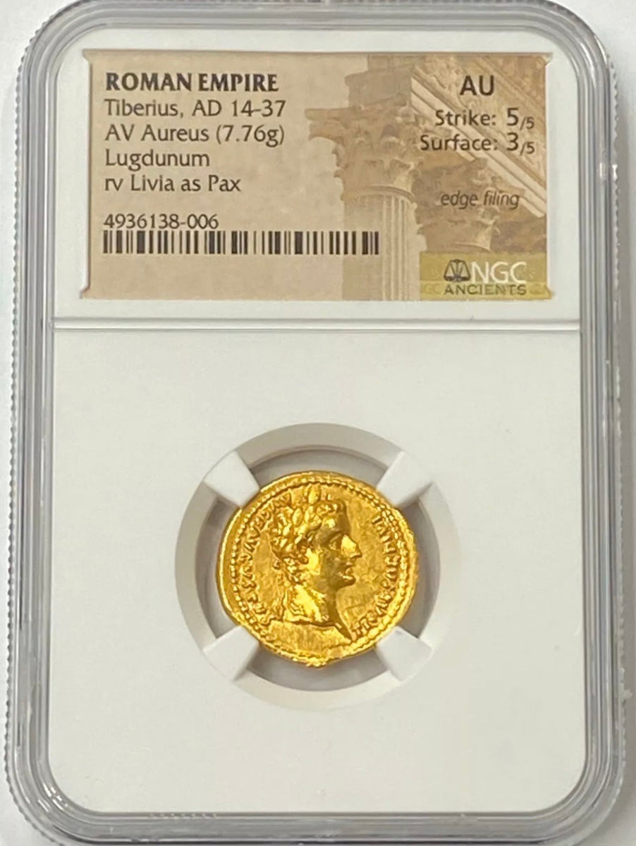 Roman Empire Tiberius AD 14-37 Gold Aureus NGC AU Tribute