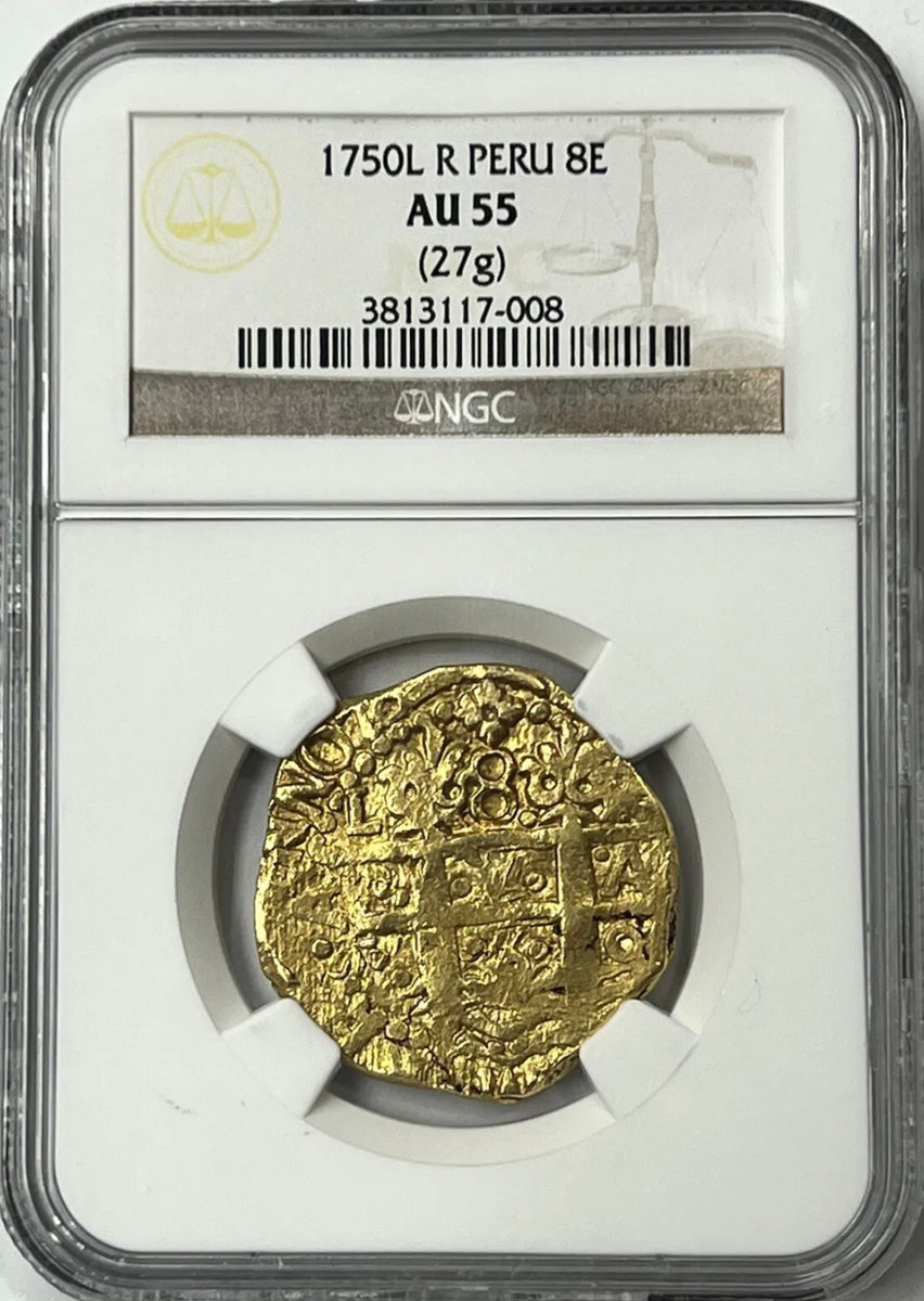 1750 L R Peru Ferdinand Vi Gold Cob 8 Escudos NGC AU55 Rare Final