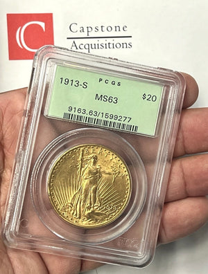 1913-S $20 Saint Gaudens Gold Double Eagle PCGS MS63 Old Green Holder