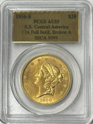 1856-S $20 Liberty PCGS AU55 SS Central America Shipwreck W/Pinch of Gold 1857-S