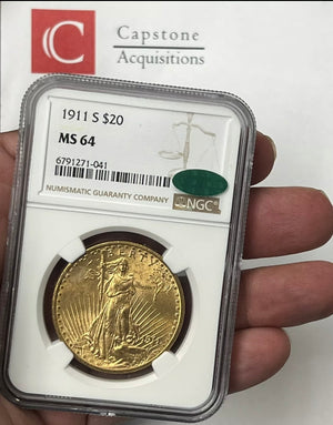 1911-S $20 Saint Gaudens Gold Double Eagle NGC MS64 CAC