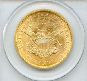 1857-S $20 Liberty PCGS AU55 CAC SS Central America Shipwreck Pinch of Gold#4886