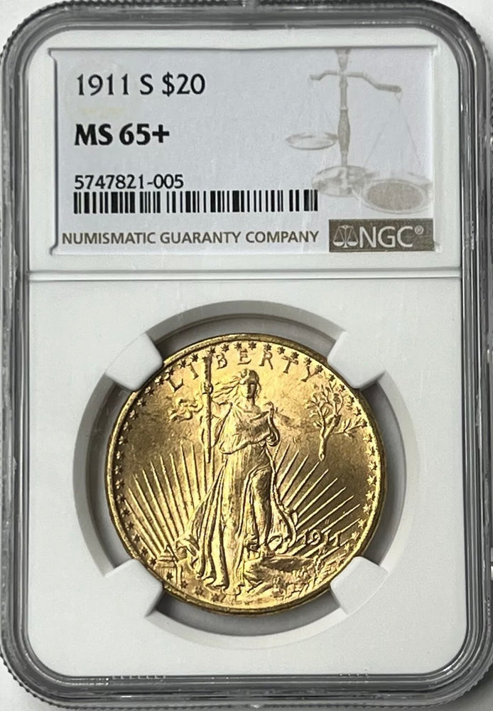 1911-S $20 Saint Gaudens Gold Double Eagle NGC MS65+ Super Gem!