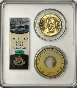 1857-S $20 Liberty Gold PCGS MS64 CAC SS Central America Shipwreck w Pinch PQ!!