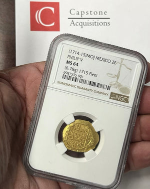 1714-1715 Mexico Gold Cob 2 Escudos NGC MS64 1715 Fleet Shipwreck