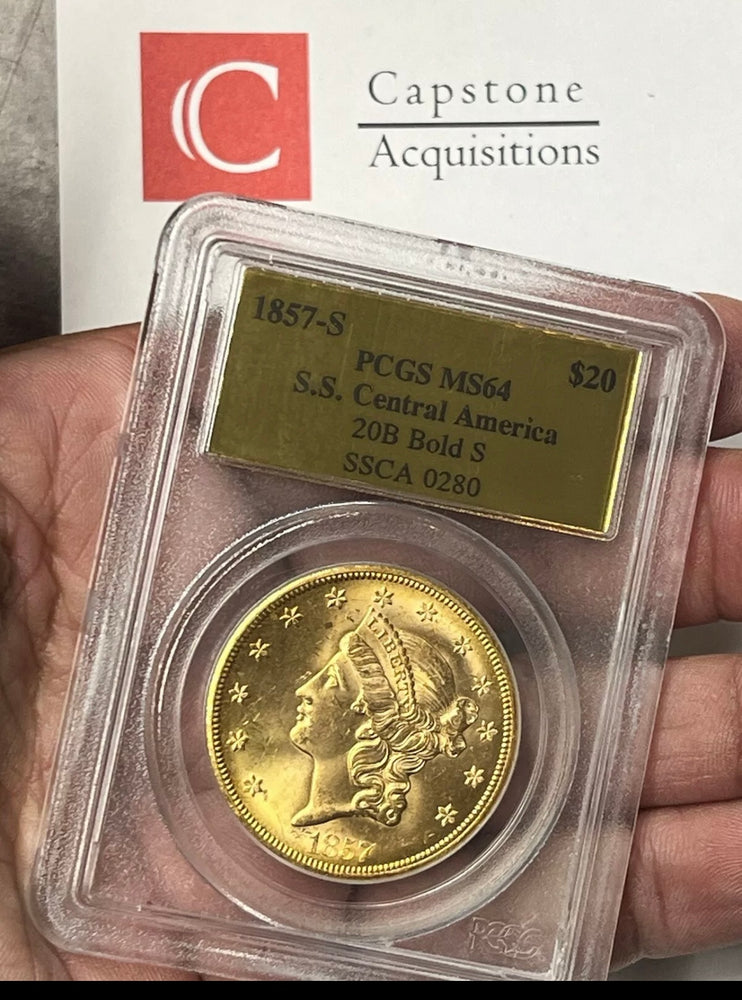 1857-S $20 Liberty Gold PCGS MS64 SS Central America Shipwreck W Pinch of Gold