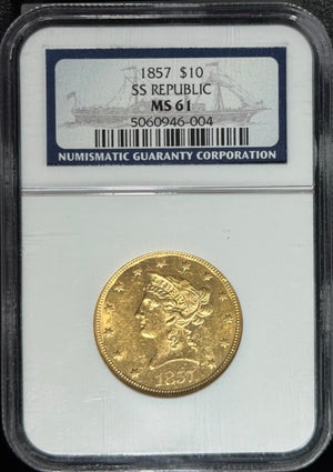 1857-P $10 Liberty Gold Eagle NGC MS61 SS Republic Shipwreck