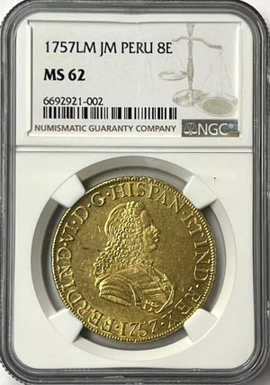 Ferdinand VI Peru Gold 8 Escudos 1757 LM-JM MS62 NGC Rare Finest Known-Must Own!