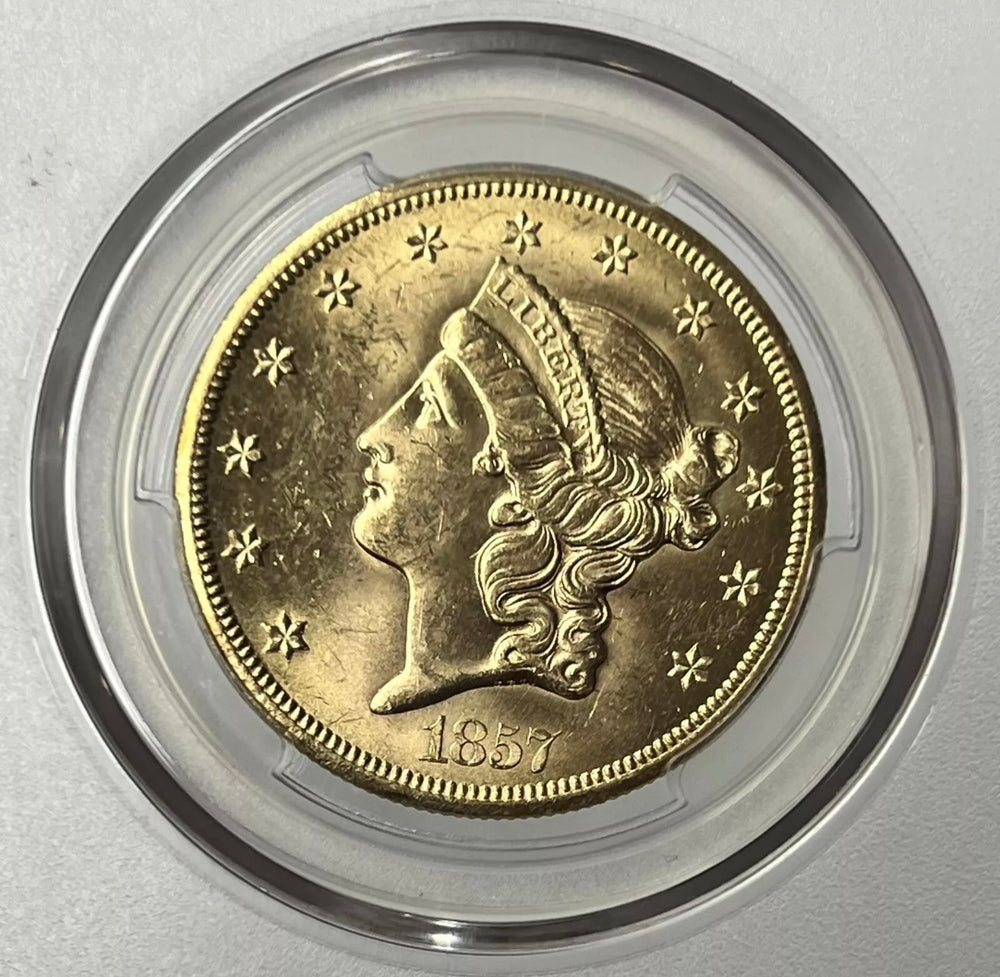 1857-S $20 Liberty Gold PCGS MS63 SS Central America Shipwreck with Gold Pinch