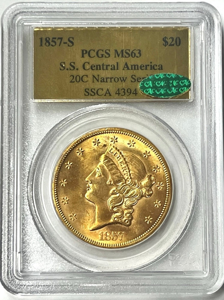 1857-S $20 Liberty Gold PCGS MS63 CAC SS Central America Shipwreck NEW LISTING