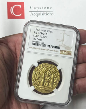 1717 Peru Philip V Gold  8 Escudos NGC AU Details SUPER RARE DATE ONLY 9 KNOWN