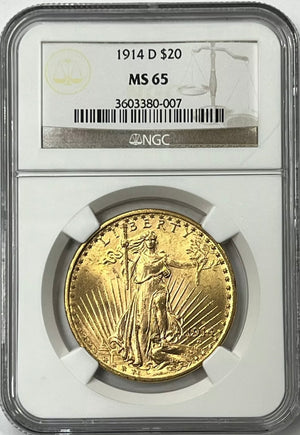 1914-D $20 Saint Gaudens Pre-33 Gold Double Eagle NGC MS65 Low Mintage 453,000