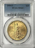 1909-S $20 Saint Gaudens Gold Double Eagle Pre-1933 PCGS MS64+ Fresh New Holder