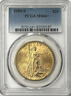 1909-S $20 Saint Gaudens Gold Double Eagle Pre-1933 PCGS MS64+ Fresh New Holder