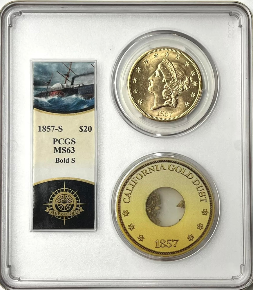 1857-S $20 Liberty Gold PCGS MS63 SS Central America Shipwreck with Gold Pinch