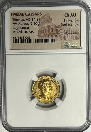 Tiberius AD 14-37 Gold Aureus NGC CHAU Tribute Penny In Gold Twelve Caesar’s