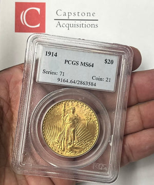 1914-P $20 Saint Gaudens Pre-33 Gold Double Eagle PCGS MS64 Small Mintage