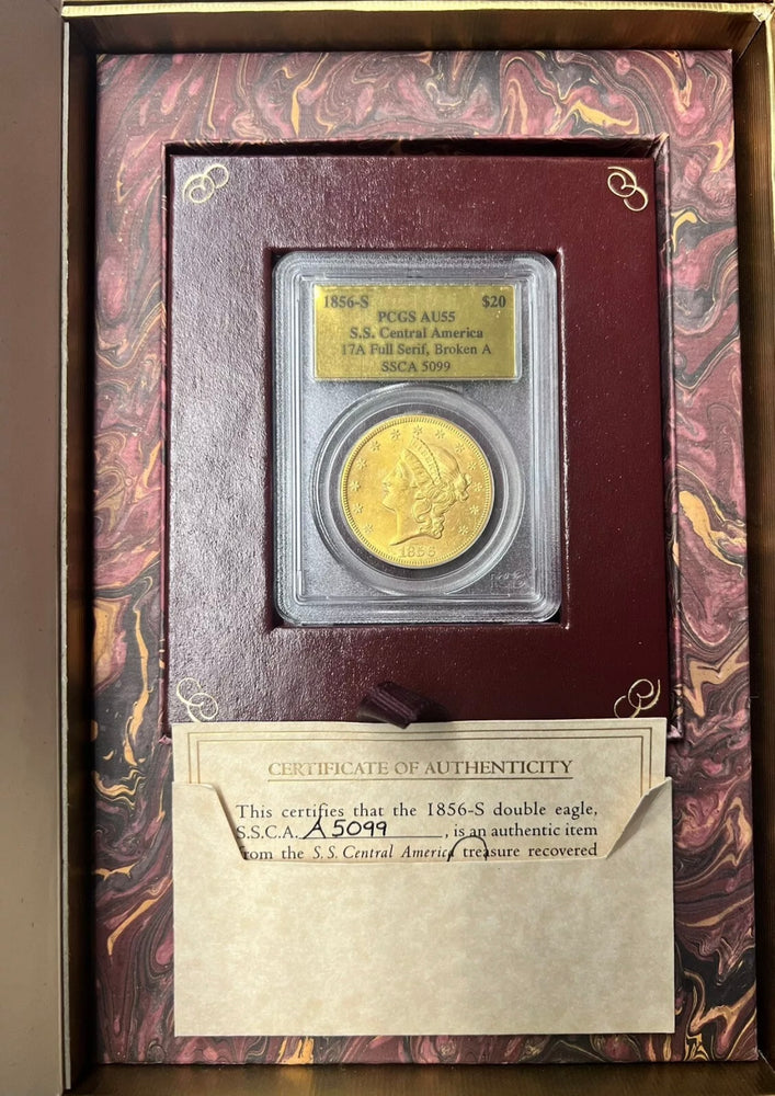 1856-S $20 Liberty PCGS AU55 SS Central America Shipwreck W/Pinch of Gold 1857-S