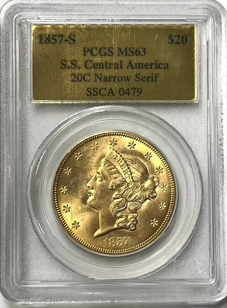 1857-S $20 Liberty Gold PCGS MS63 SS Central America Shipwreck #0479 COA