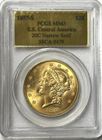 1857-S $20 Liberty Gold PCGS MS63 SS Central America Shipwreck #0479 COA