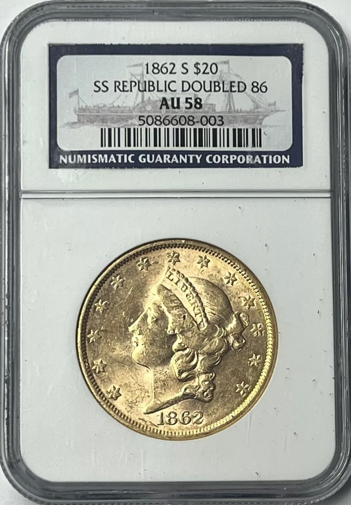 1862-S $20 Liberty Gold Double Eagle NGC AU58 Civil war SS Republic Shipwreck