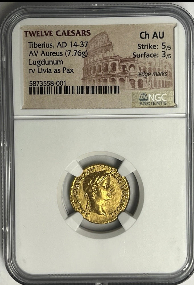 Tiberius AD 14-37 Gold Aureus NGC CHAU Tribute Penny In Gold Twelve Caesar’s