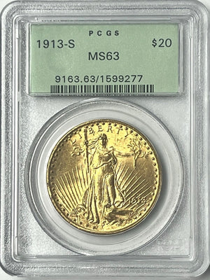 1913-S $20 Saint Gaudens Gold Double Eagle PCGS MS63 Old Green Holder