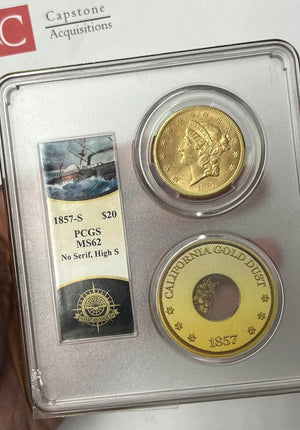1857-S $20 Liberty Gold Double Eagle PCGS MS62 SS Central America Shipwreck PQ!