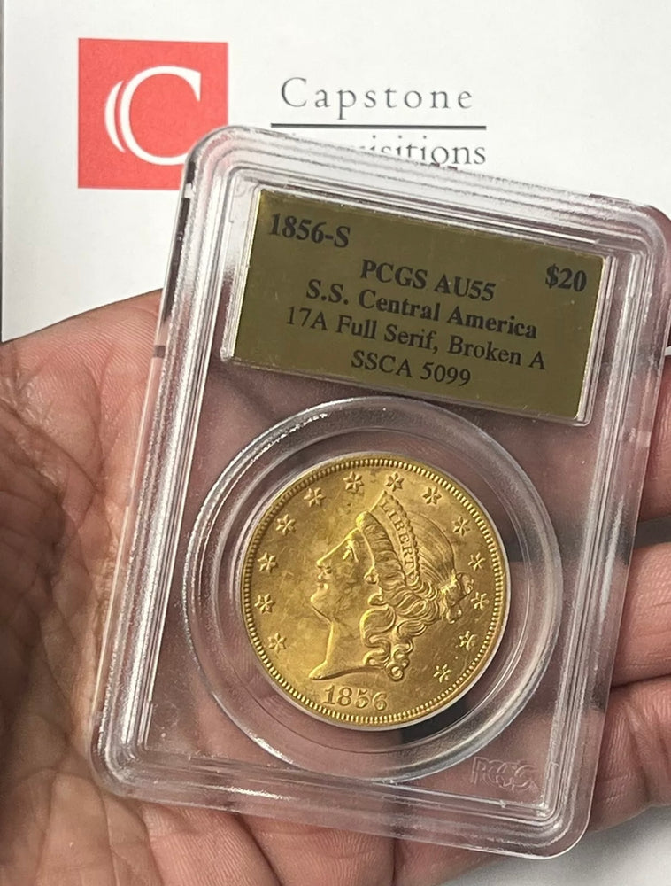 1856-S $20 Liberty PCGS AU55 SS Central America Shipwreck W/Pinch of Gold 1857-S