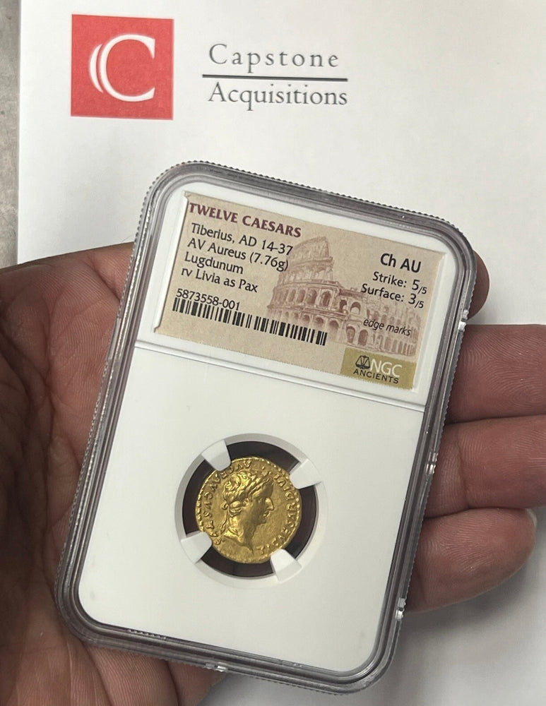 Tiberius AD 14-37 Gold Aureus NGC CHAU Tribute Penny In Gold Twelve Caesar’s