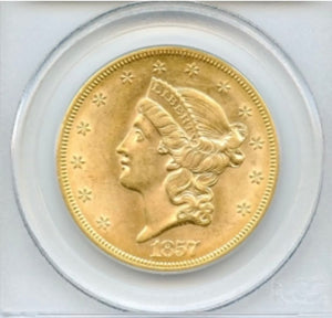 1857-S $20 Liberty PCGS AU55 CAC SS Central America Shipwreck Pinch of Gold#4886