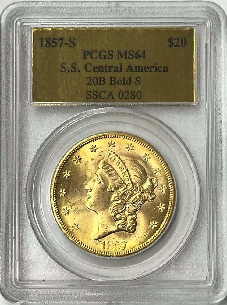 1857-S $20 Liberty Gold PCGS MS64 SS Central America Shipwreck W Pinch of Gold