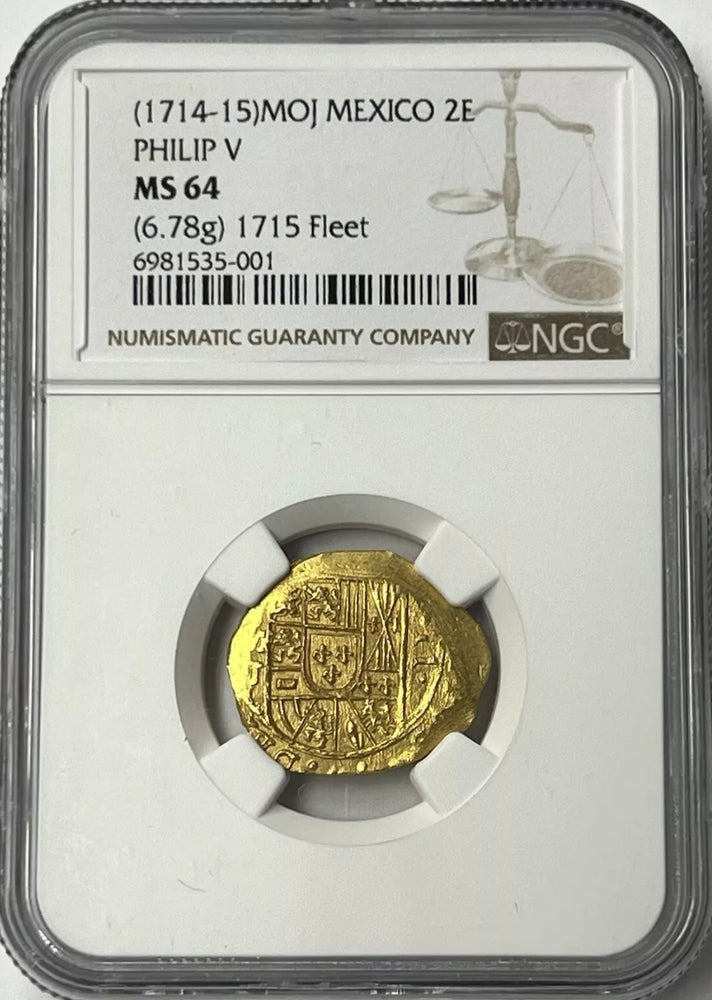 1714-1715 Mexico Gold Cob 2 Escudos NGC MS64 1715 Fleet Shipwreck