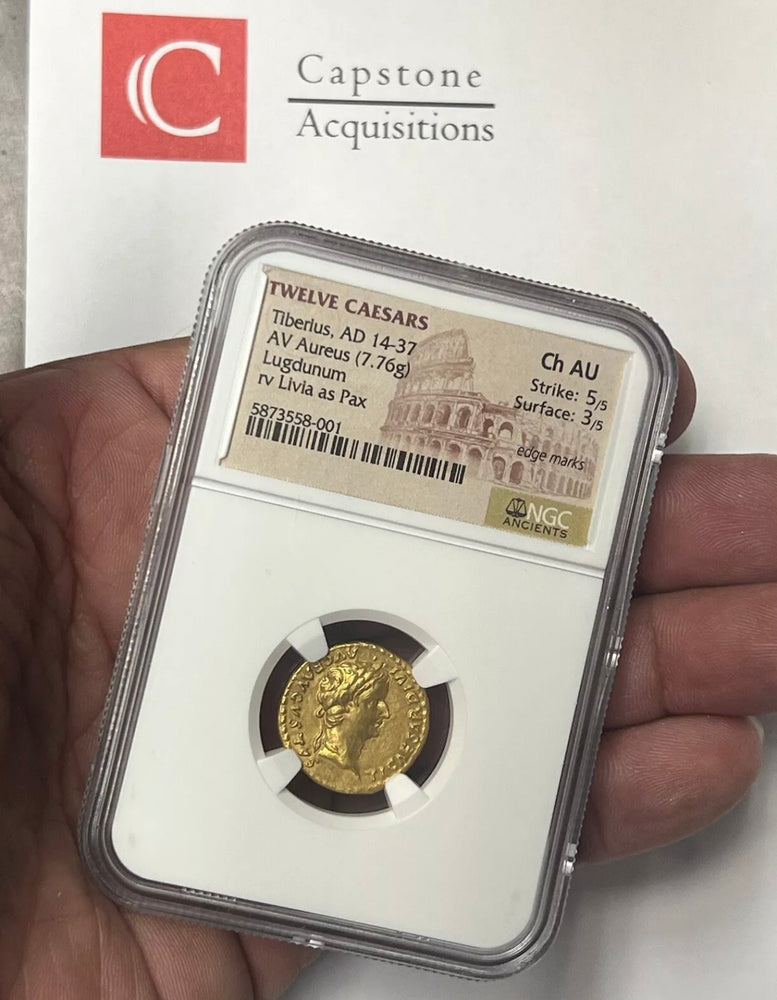 Tiberius AD 14-37 Gold Aureus NGC CHAU Tribute Penny In Gold Twelve Caesar’s