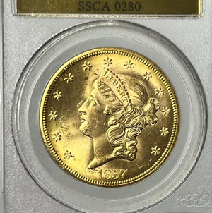 1857-S $20 Liberty Gold PCGS MS64 SS Central America Shipwreck W Pinch of Gold