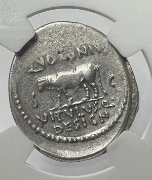 Julius Caesar 40 BC Silver Denarius NGC XF Fine Style Rare IDES OF MARCH REVERSE