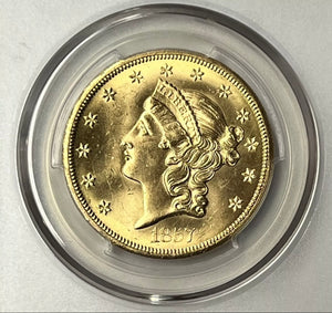 1857-S $20 Liberty Gold PCGS MS64 CAC SS Central America Shipwreck w Pinch PQ!!