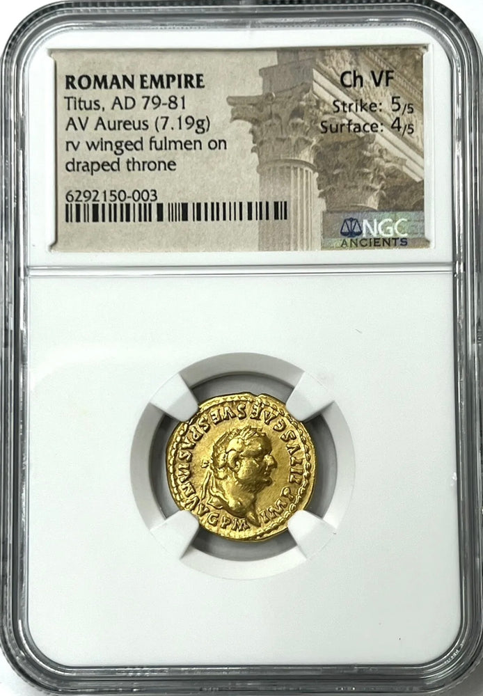 Roman Empire Titus AD 79-81 Gold Aureus NGC CHVF Twelve Caesar’s Amazing Rarity