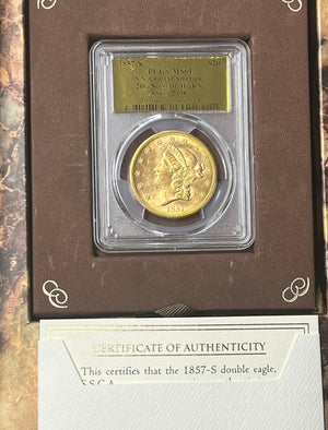 1857-S $20 Liberty Gold PCGS MS61 SS Central America Shipwreck Rare 20G Variety