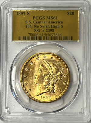 1857-S $20 Liberty Gold PCGS MS61 SS Central America Shipwreck Rare 20G Variety